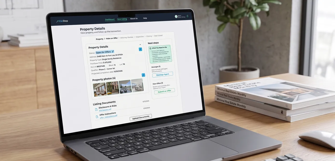 CloStep transaction dashboard shown on a laptop